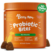 Zesty Paws packaging displays dog probiotic supplement for digestion support.
