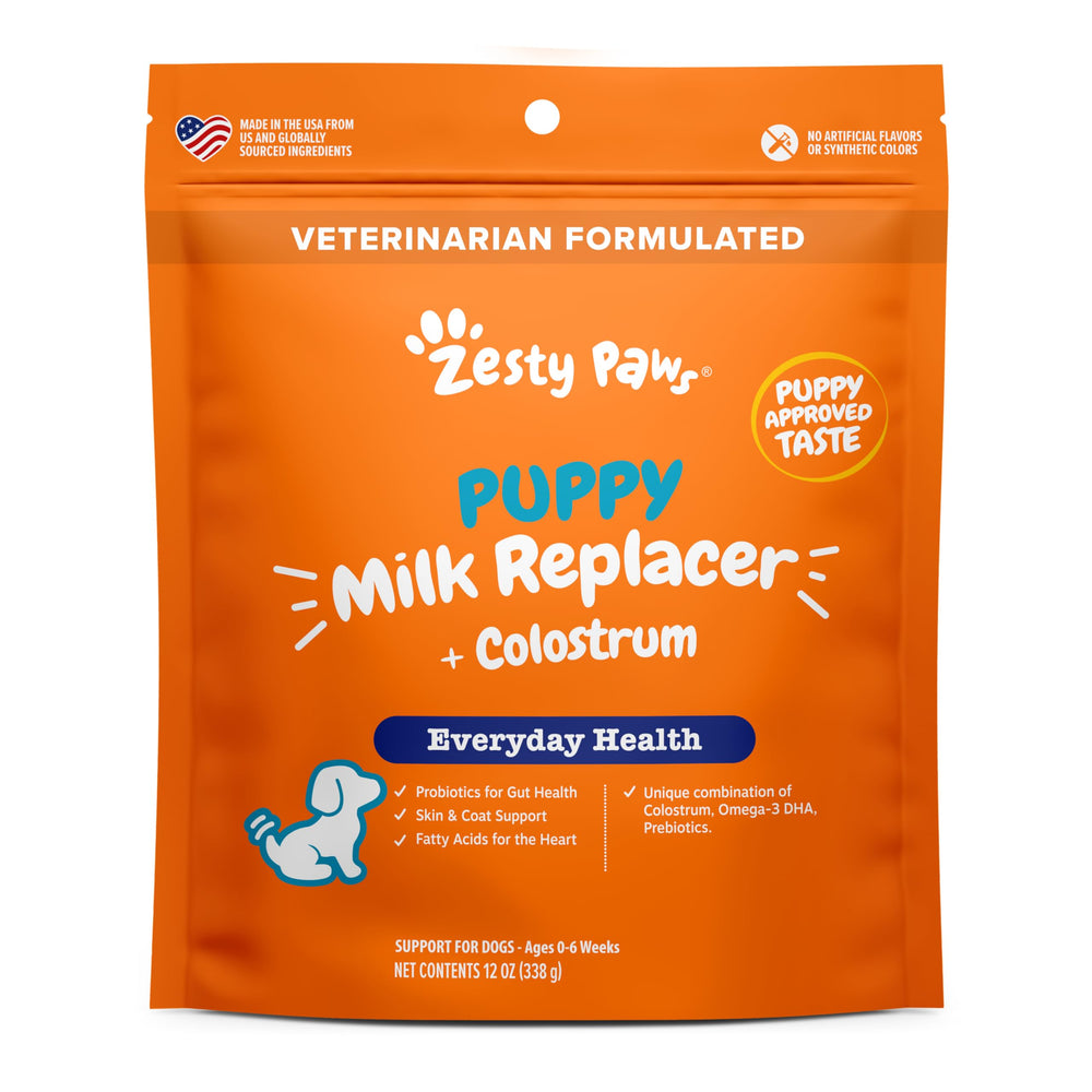 Zesty Paws Puppy Milk Replacer container promotes gut health and vitality.