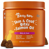 Zesty Paws Salmon Oil bottle closeup showing omega-rich formula for dogs.