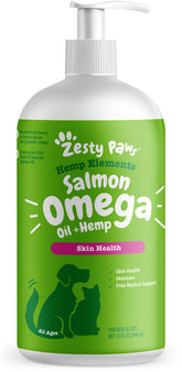 Zesty Paws Salmon Omega Oil Hemp bottle pour demonstrates easy daily dosing for healthy skin