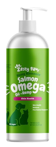 Zesty Paws Salmon Omega Oil Hemp bottle supports skin moisture and immune function