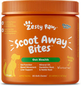 Zesty Paws Scoot Away bottle supports gut health with VitaFiber prebiotic.