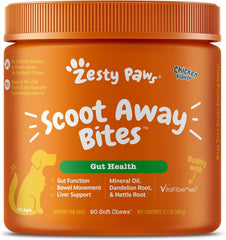 Zesty Paws Scoot Away bottle supports gut health with VitaFiber prebiotic.