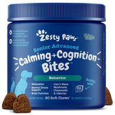 Zesty Paws Senior Advanced Calming Cognition bottle supports brain health and daily calm.