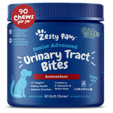 Zesty Paws Senior Cranberry Supplement bottle promotes urinary tract support for dogs