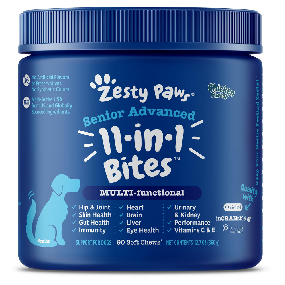 Zesty Paws senior multivitamin bottle supports aging dog wellness