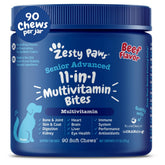 Zesty Paws Senior Dog Multivitamin Treats packaging with beef flavor for joint and immune support.