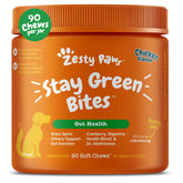 Zesty Paws Stay Green Bites-packaging shows soft chews designed for gut support