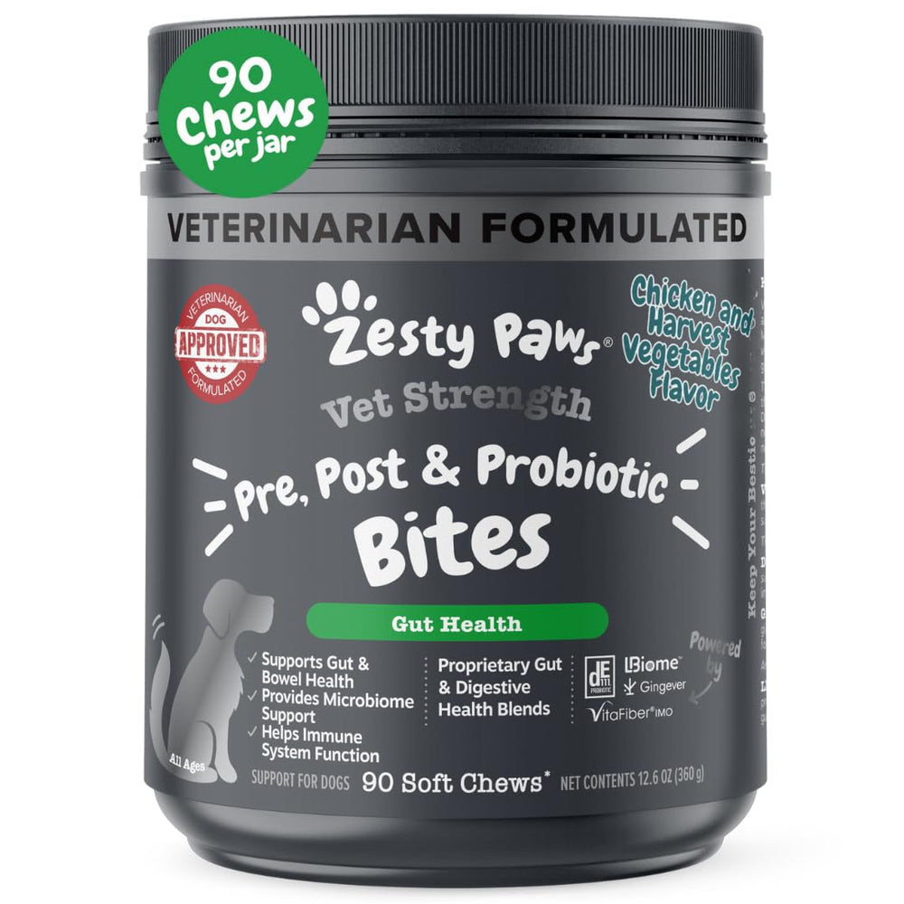 Zesty Paws Vet Strength Probiotics dog chews bottle showing digestive support.