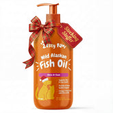 Zesty Paws Wild Alaskan Fish Oil bottle with pour spout highlights EPA and DHA for skin and coat health.