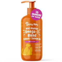 Zesty Paws Wild Alaskan Omega-3 Blend bottle pour highlights easy coat-friendly oil