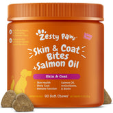 Zesty Paws Salmon Oil dog bottle showing omega-rich formula for healthier skin