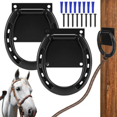 Zhengmy horseshoe cross tie ring closeup in black shows durable, secure stall hardware.