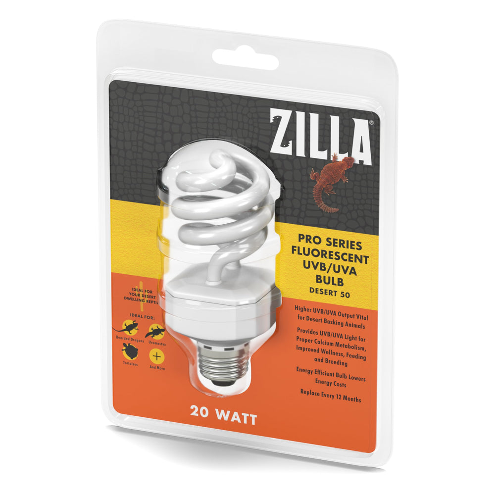 Zilla fluorescent coil bulb desert 20W provides UVB/UVA lighting for desert reptiles and color.