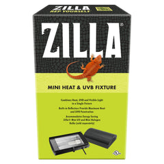 Zilla mini heat UVB fixture side view beside terrarium with warm basking area