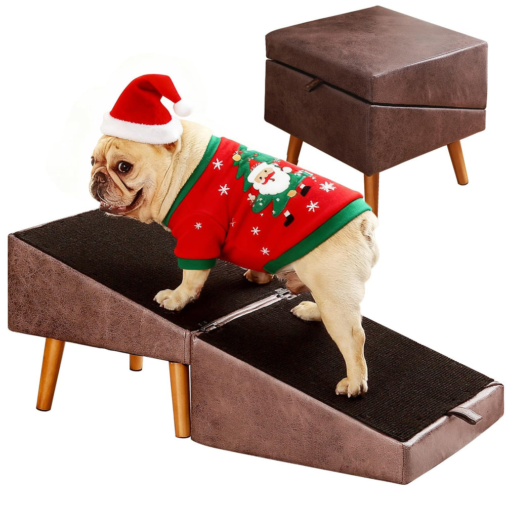 Ziluce dog stairs wooden foldable brown demonstrating compact storage and ergonomic ascent for sofa access.