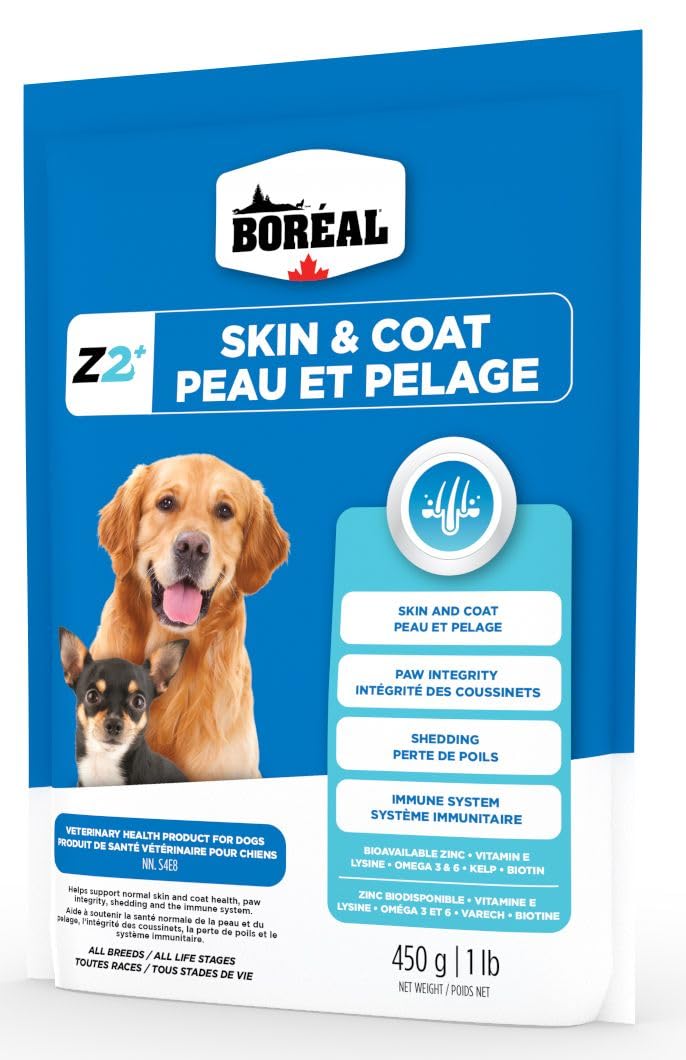 Zinpro Boréal zinc supplement powder being sprinkled into a dog's bowl for skin support.