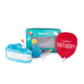 ZippyPaws Birthday Box blue cake toy with squeaker for playful celebrations