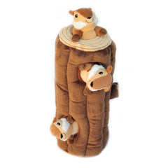 ZippyPaws Burrow Chipmunk Log features squeaky Miniz that add lively sound cues.