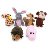 ZippyPaws Burrow Miniz 6-pack front view, squeaky plush toys for interactive play.