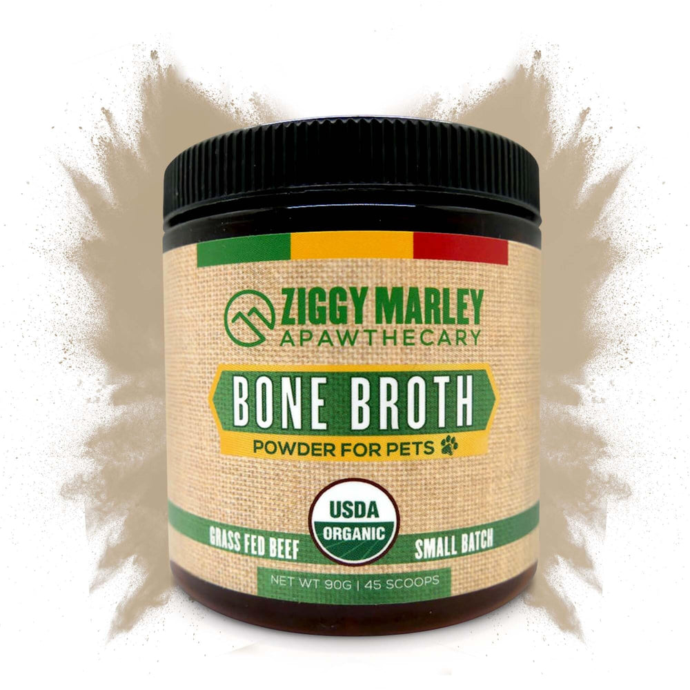 ZMA Pets Ziggy Marley’s bone broth powder packaging closeup highlights organic, grass-fed beef quality.