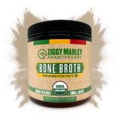 ZMA Pets Ziggy Marley’s bone broth powder packaging closeup highlights organic, grass-fed beef quality.