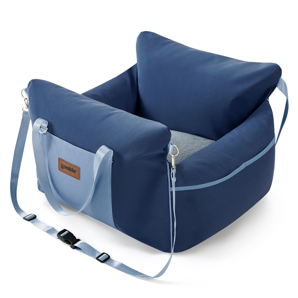 ZOMISIA dog car seat front view shows snug fit for small to medium dogs during rides.