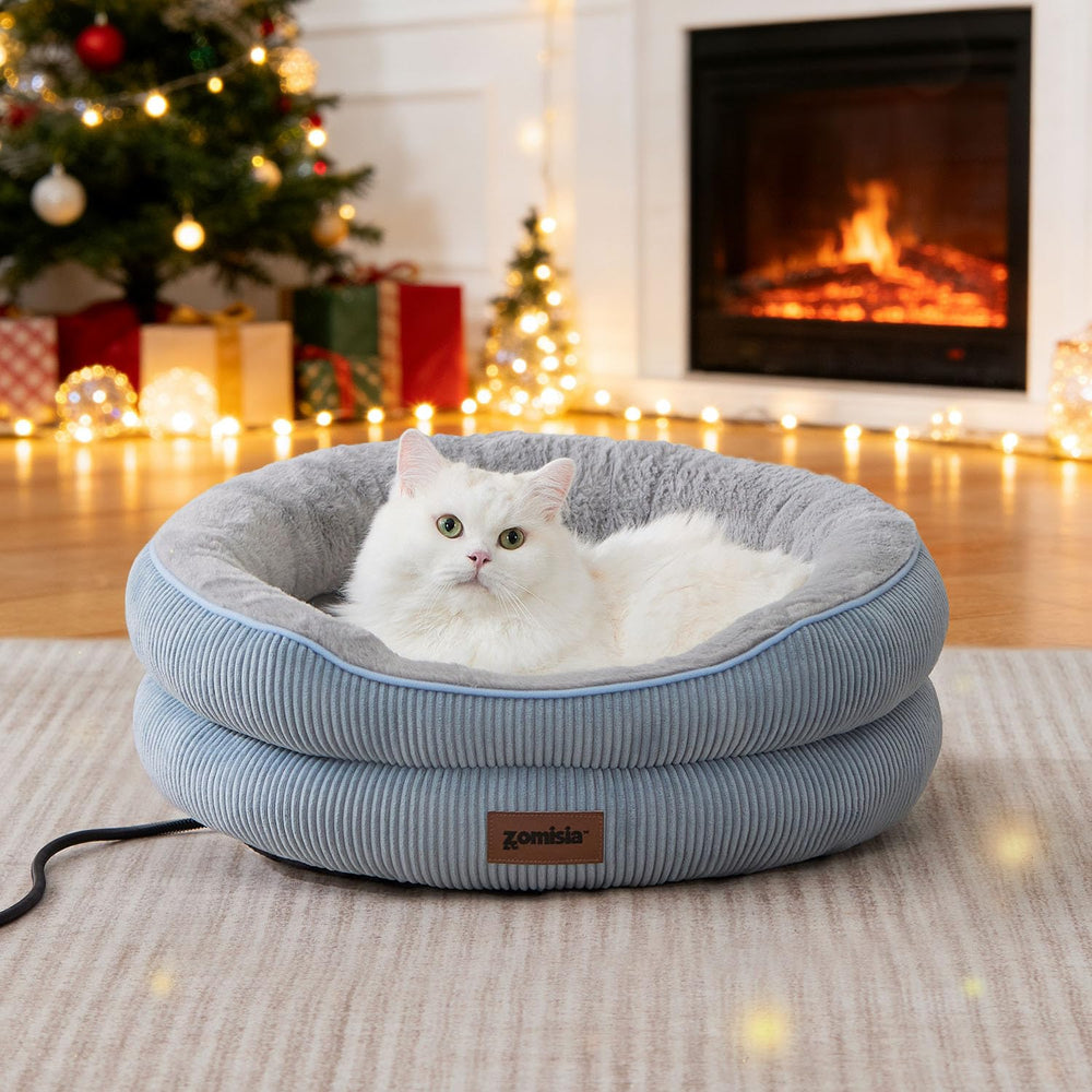 ZOMISIA heated cat bed blue front view shows cozy warmth for cold days.