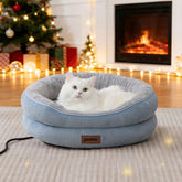 ZOMISIA heated cat bed blue front view shows cozy warmth for cold days.