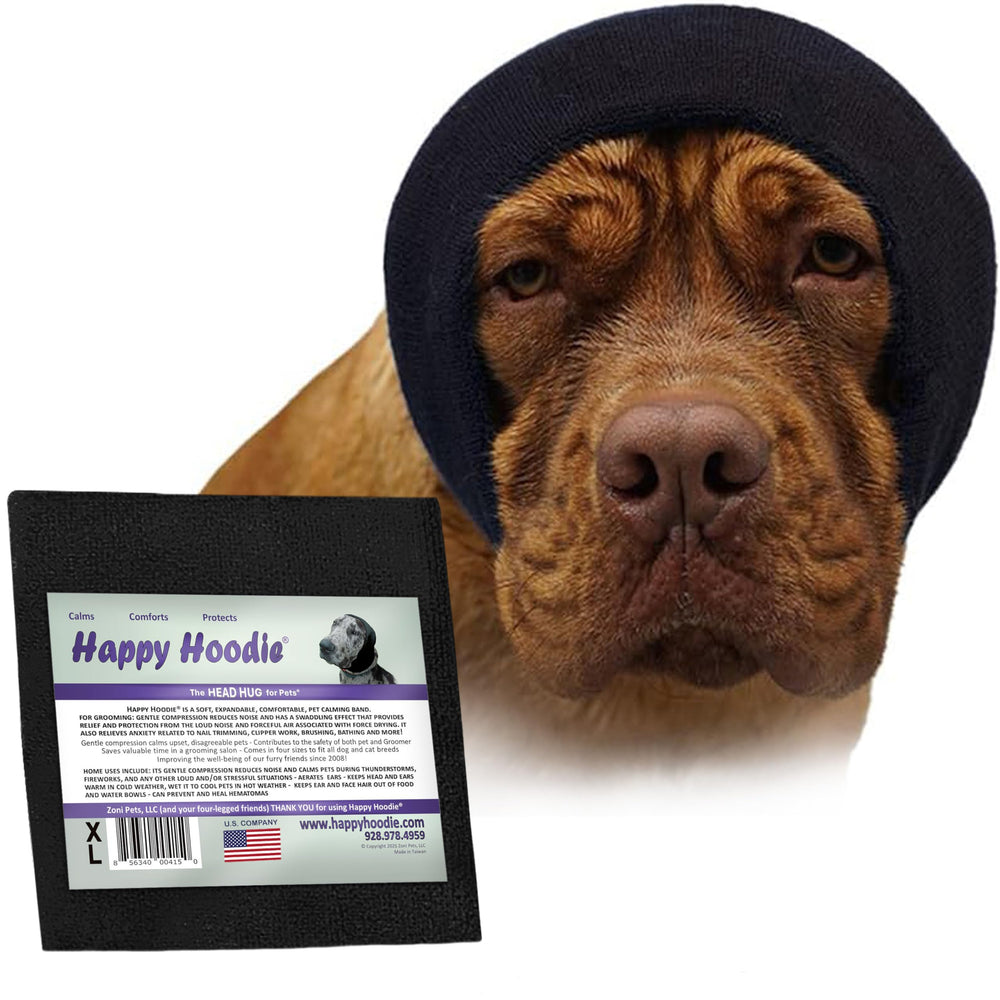 ZONI PETS Happy Hoodie front view demonstrates calming band for grooming comfort.