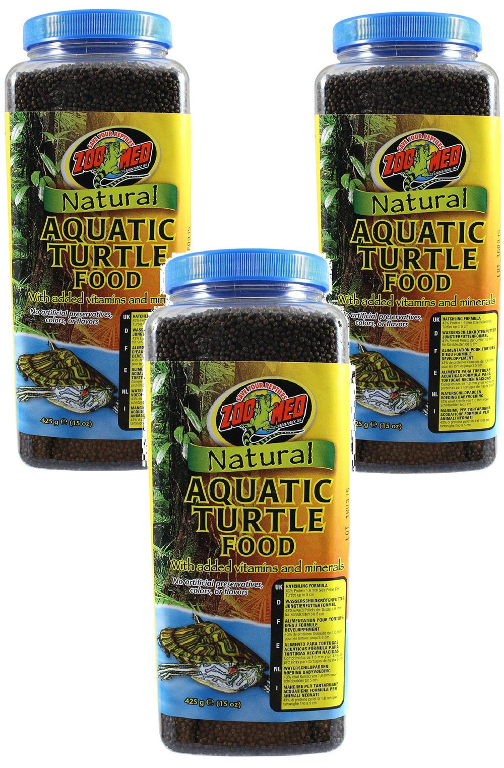 Zoo Med Natural Aquatic Turtle Food 3-pack container closeup; easy-to-serve pellets support hatchling growth