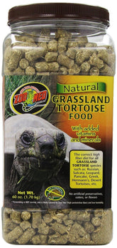 Zoo Med Natural Grassland Tortoise Food packaging front highlights a high-fiber diet option.