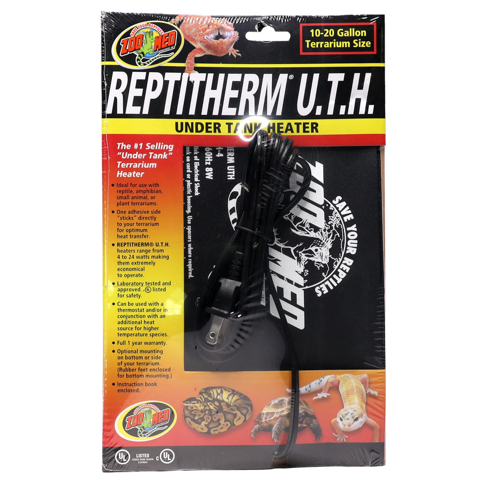Zoo Med ReptiTherm undertank heater packaging shows compact size for simple setup.