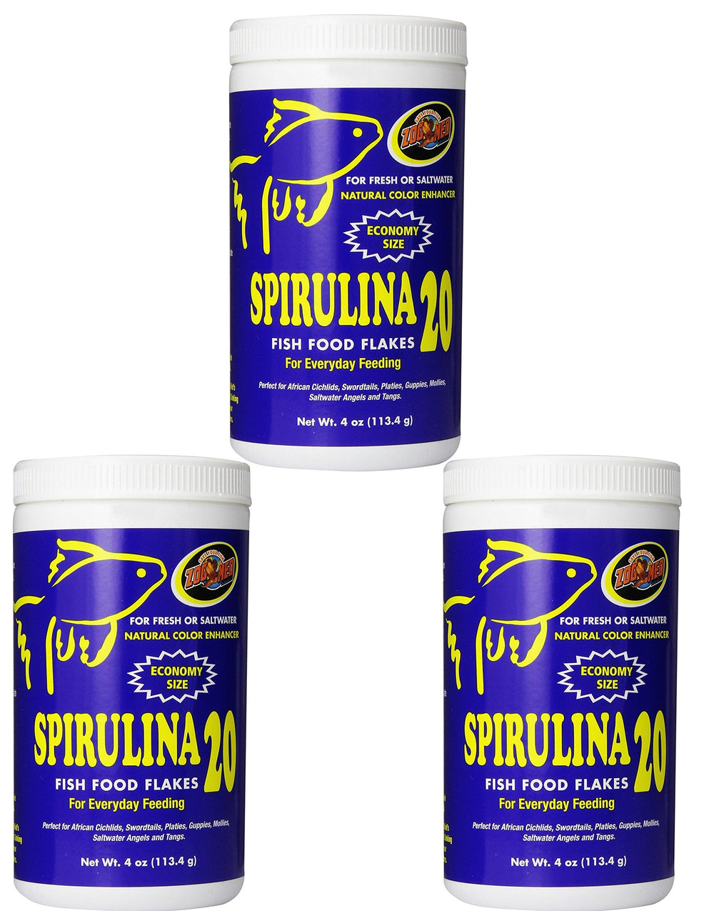 Zoo Med Spirulina 20 Flake Fish Food 3-pack front view supporting vibrant coloration