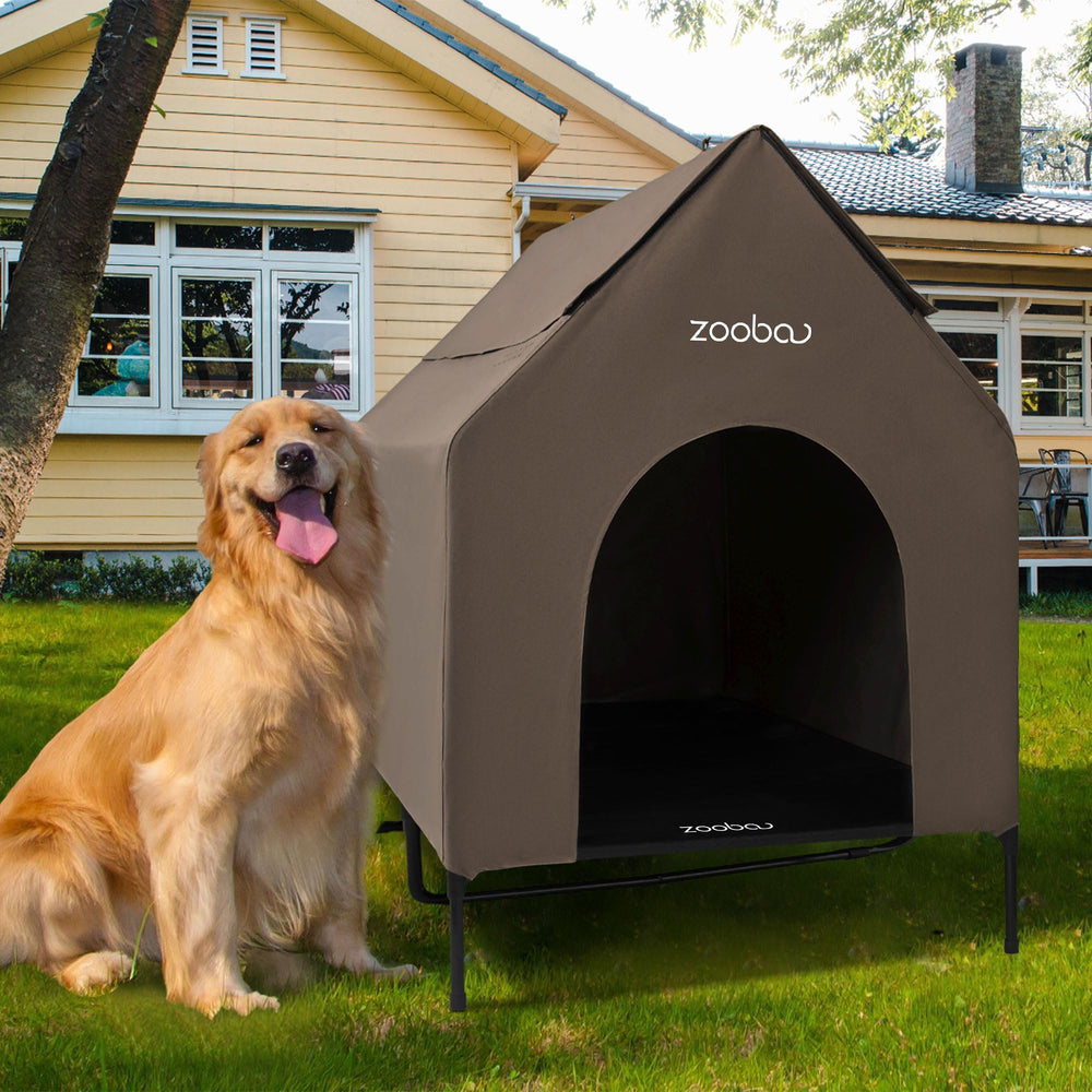 Zooba 48XL outdoor dog house front view highlighting elevated shelter for large dogs.