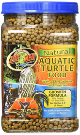 Zoo Med Aquatic Turtle Food Growth Formula pellets floating for easy surface feeding.