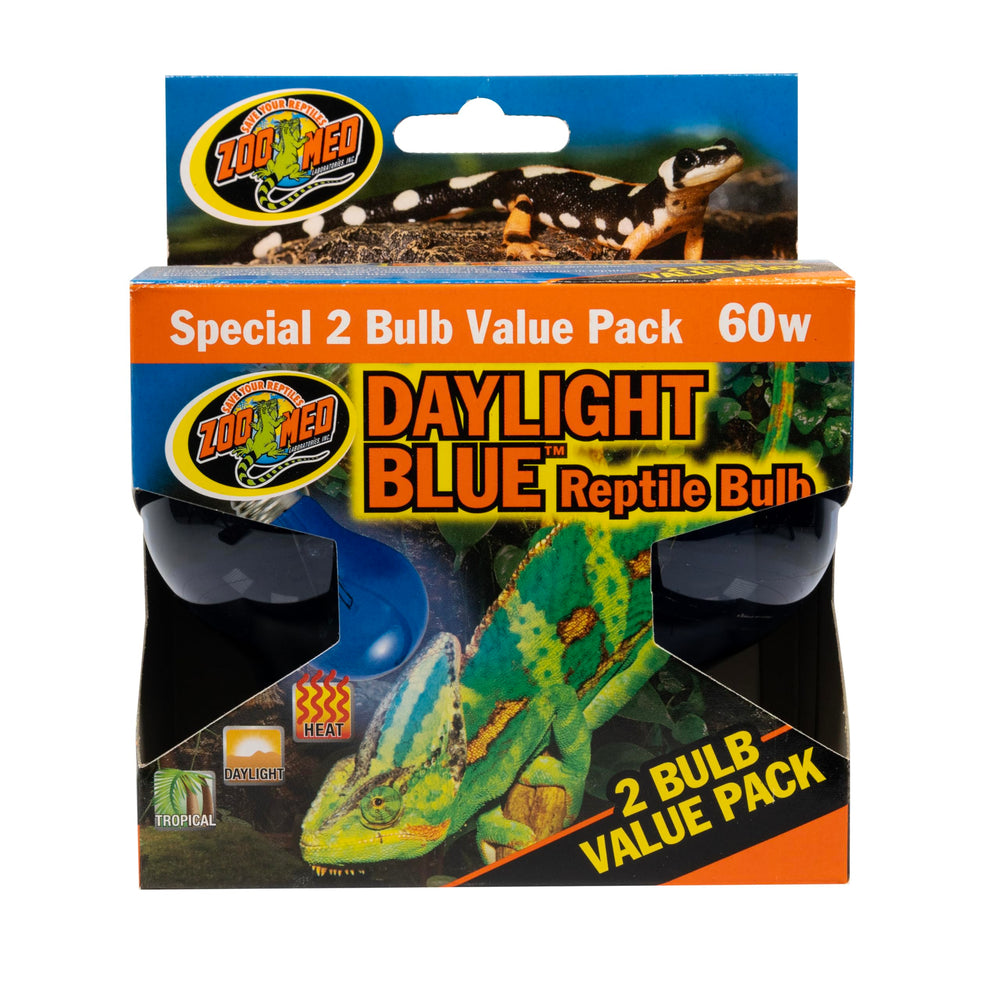 Zoo Med daylight blue bulb 60w pack showing ready-to-use bulbs for reptile basking and viewing clarity.