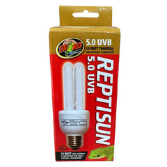 Zoo Med Reptisun 5.0 UVB Mini front view, compact reptile light for tropical species.