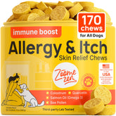 Zoomezen Dog Allergy Chews bottle front highlights itch relief and skin comfort.
