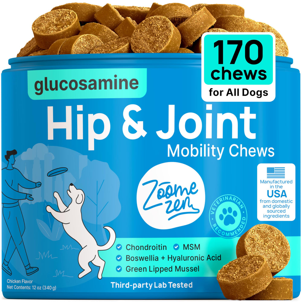 ZOOMEZEN dog hip joint supplement bottle front shows trusted joint support.