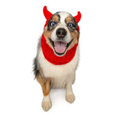 Zoo Snoods Red Devil Dog Costume front view showing warm crochet protection for chilly walks.