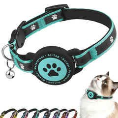 ZOWPET Airtag Cat Collar turquoise angle shows secure wear for AirTag compatibility.