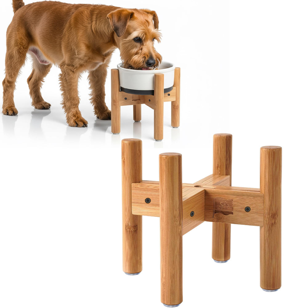 ZPirates dog bowl stand front view with adjustable rails for ergonomic medium-breed feeding.