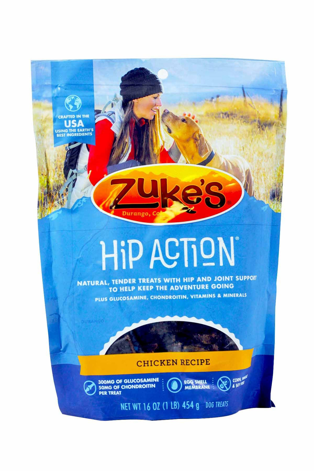 Zuke's Hip Action chicken dog treat image showcases glucosamine-rich formula for joint mobility in active dogs