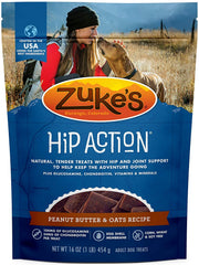 Zuke's Hip Action treats packaging highlights USA-made joint-support treats.