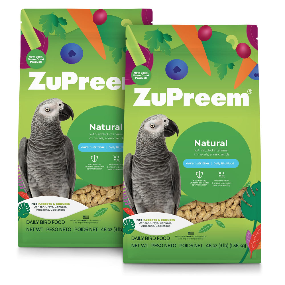 ZuPreem natural pellets parrot 3lb-pack outer-pack highlights USA-made nutrition.