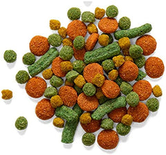 Close-up of ZuPreem VeggieBlend pellets reveals colorful grains for a varied diet.