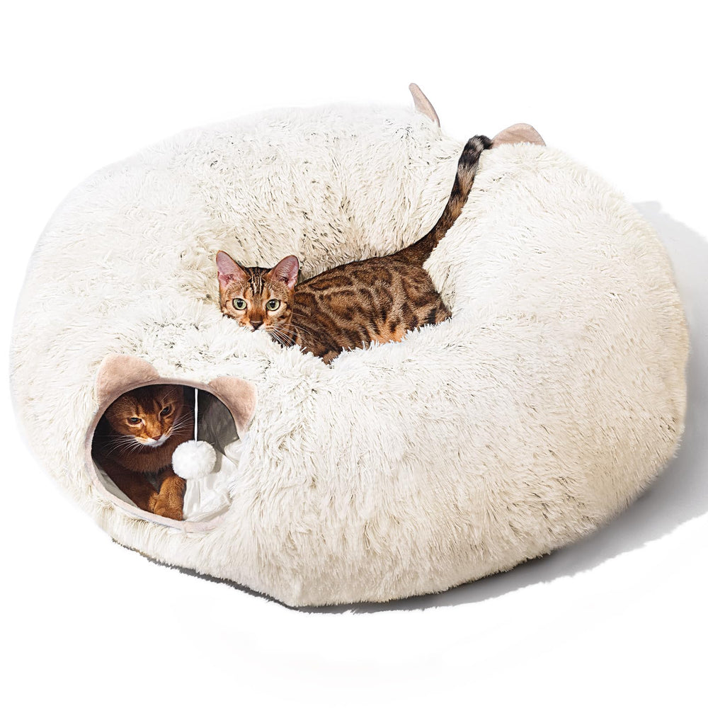 ZVBEK cat tunnel bed cream-white overview showing plush comfort for cozy naps.