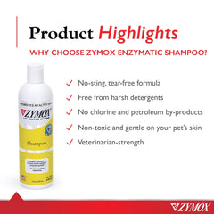 Zymox enzymatic shampoo being applied to a dog or cat for gentle cleansing.