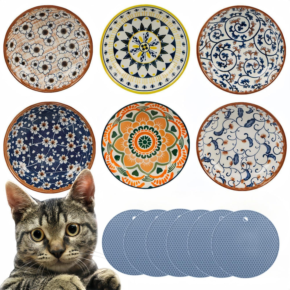 ZYUTONG 6pc cat bowls set front view in ceramic with stable non-slip base.